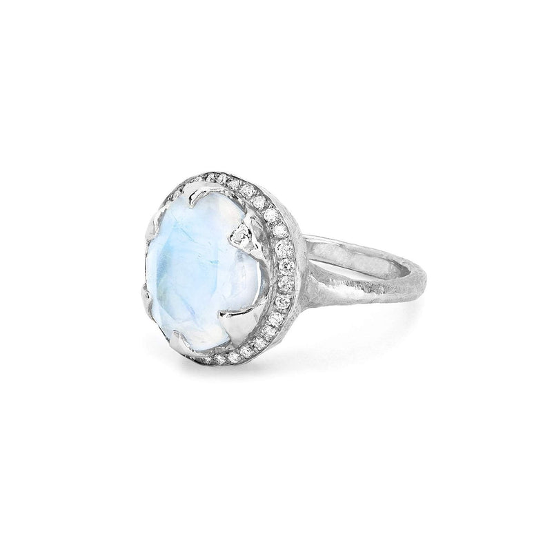 Queen Oval Moonstone Ring with Full Pavé Diamond Halo by Logan Hollowell Jewelry