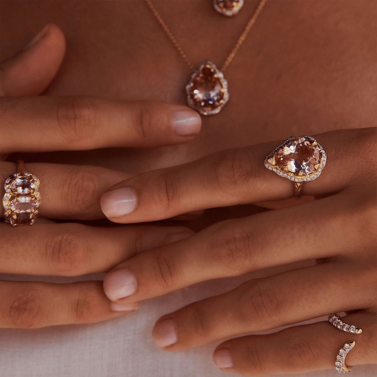 Queen Water Drop Morganite Ring with Full Pavé Halo by Logan Hollowell Jewelry