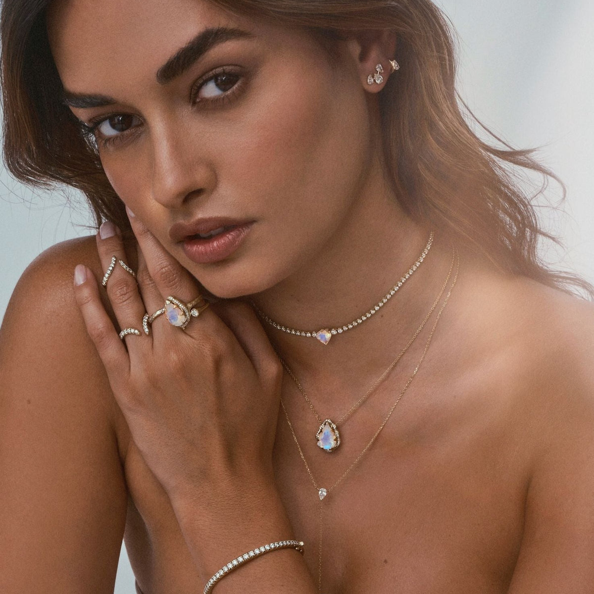 Queen Water Drop Moonstone Necklace with Full Pavé Diamond Halo by Logan Hollowell Jewelry