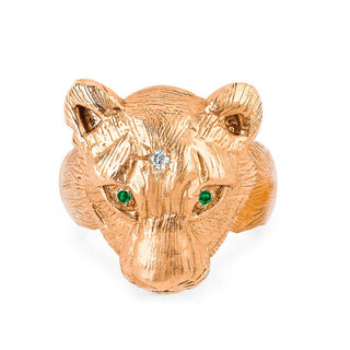 18k Lady Lioness Ring with Starset Diamond & Emerald Eyes 4 Rose Gold  by Logan Hollowell Jewelry