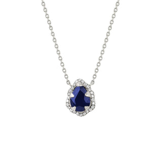 Micro Queen Water Drop Blue Sapphire Necklace with Pavé Diamond Halo White Gold 16"  by Logan Hollowell Jewelry