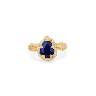 Micro Queen Water Drop Blue Sapphire Rose Thorn Ring with Sprinkled Diamonds 2.5 Yellow Gold  by Logan Hollowell Jewelry