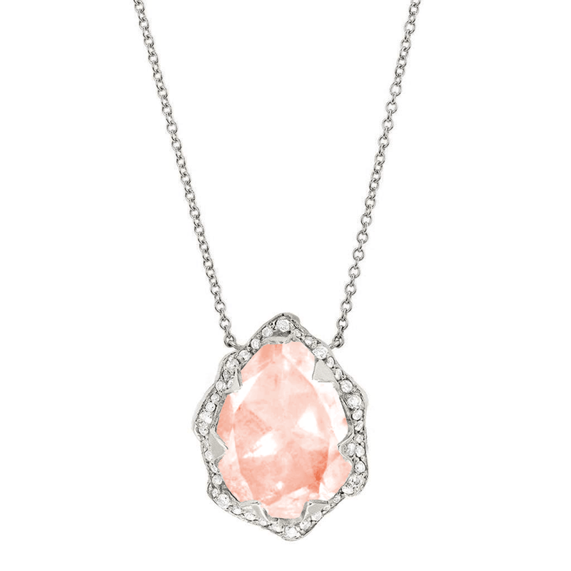 Queen Water Drop Morganite Necklace with Full Pavé Halo White Gold by Logan Hollowell Jewelry