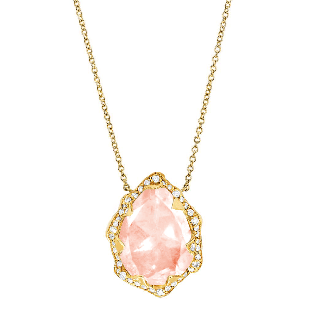 Queen Water Drop Morganite Necklace with Full Pavé Halo Yellow Gold by Logan Hollowell Jewelry
