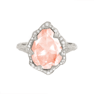 Queen Water Drop Morganite Ring with Full Pavé Halo White Gold 4  by Logan Hollowell Jewelry