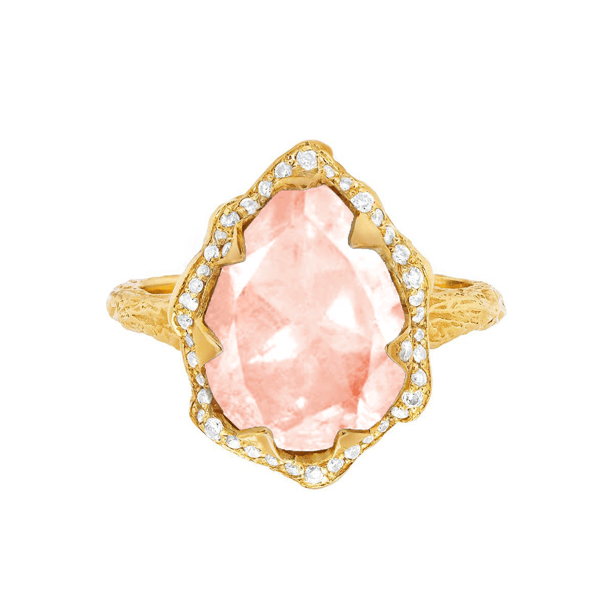 Queen Water Drop Morganite Ring with Full Pavé Halo Yellow Gold 3 by Logan Hollowell Jewelry