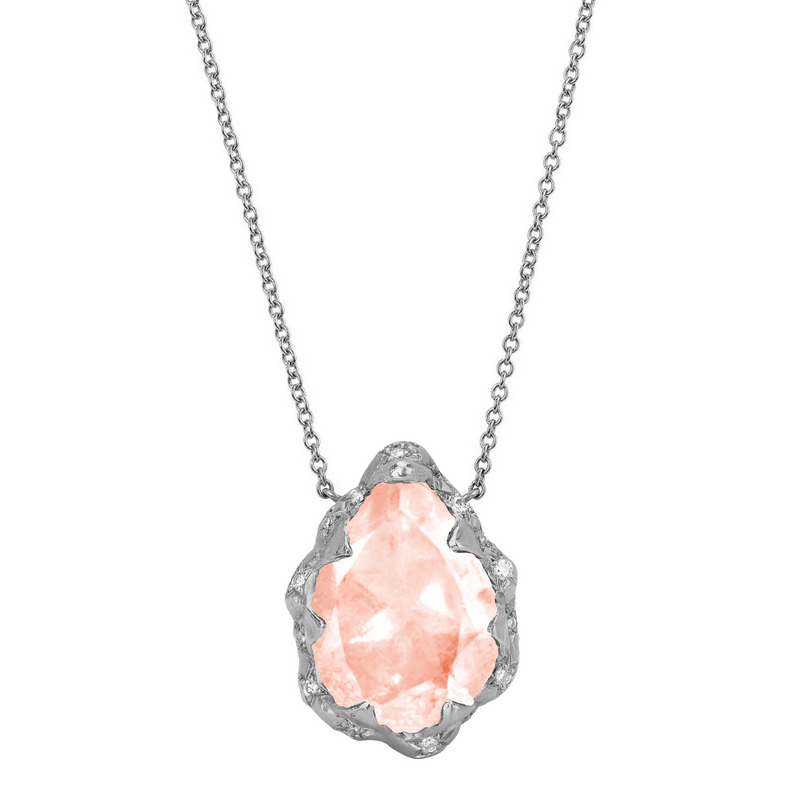 Queen Water Drop Morganite Necklace with Sprinkled Diamonds White Gold by Logan Hollowell Jewelry