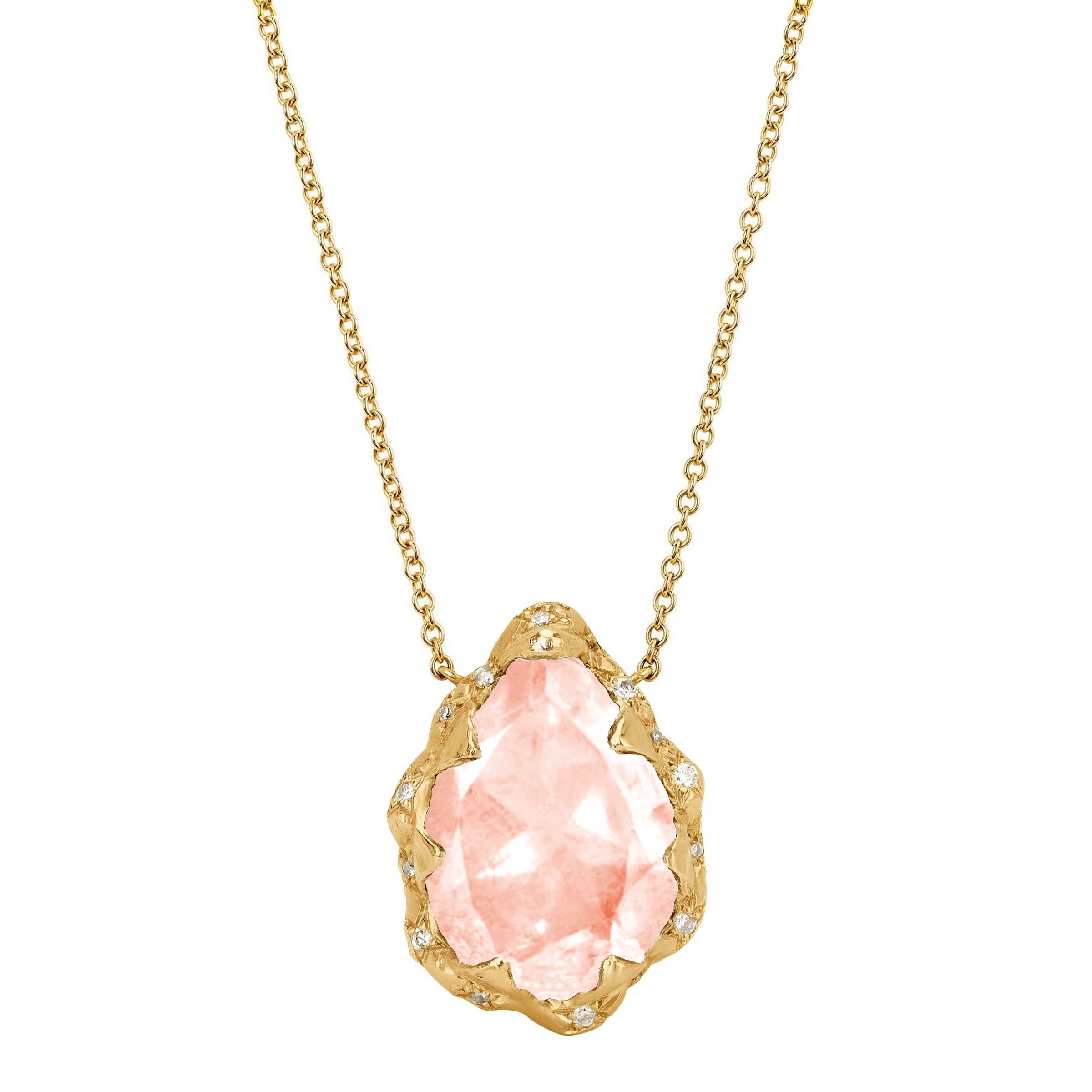 Queen Water Drop Morganite Necklace with Sprinkled Diamonds Yellow Gold by Logan Hollowell Jewelry