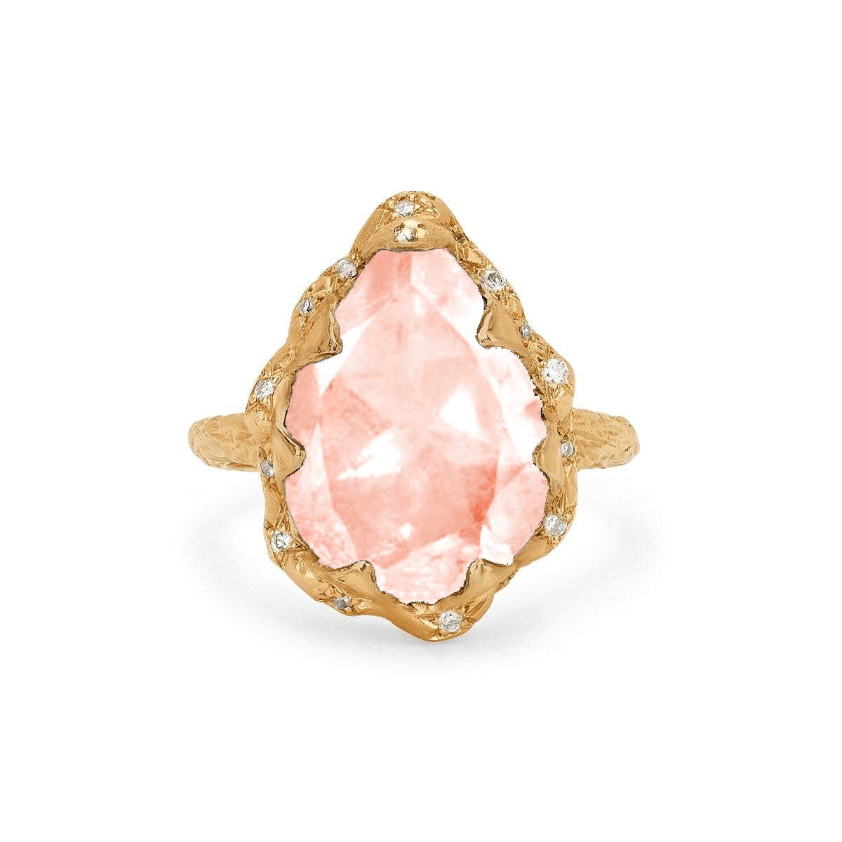 Queen Water Drop Morganite Ring with Sprinkled Diamonds Yellow Gold 3 by Logan Hollowell Jewelry