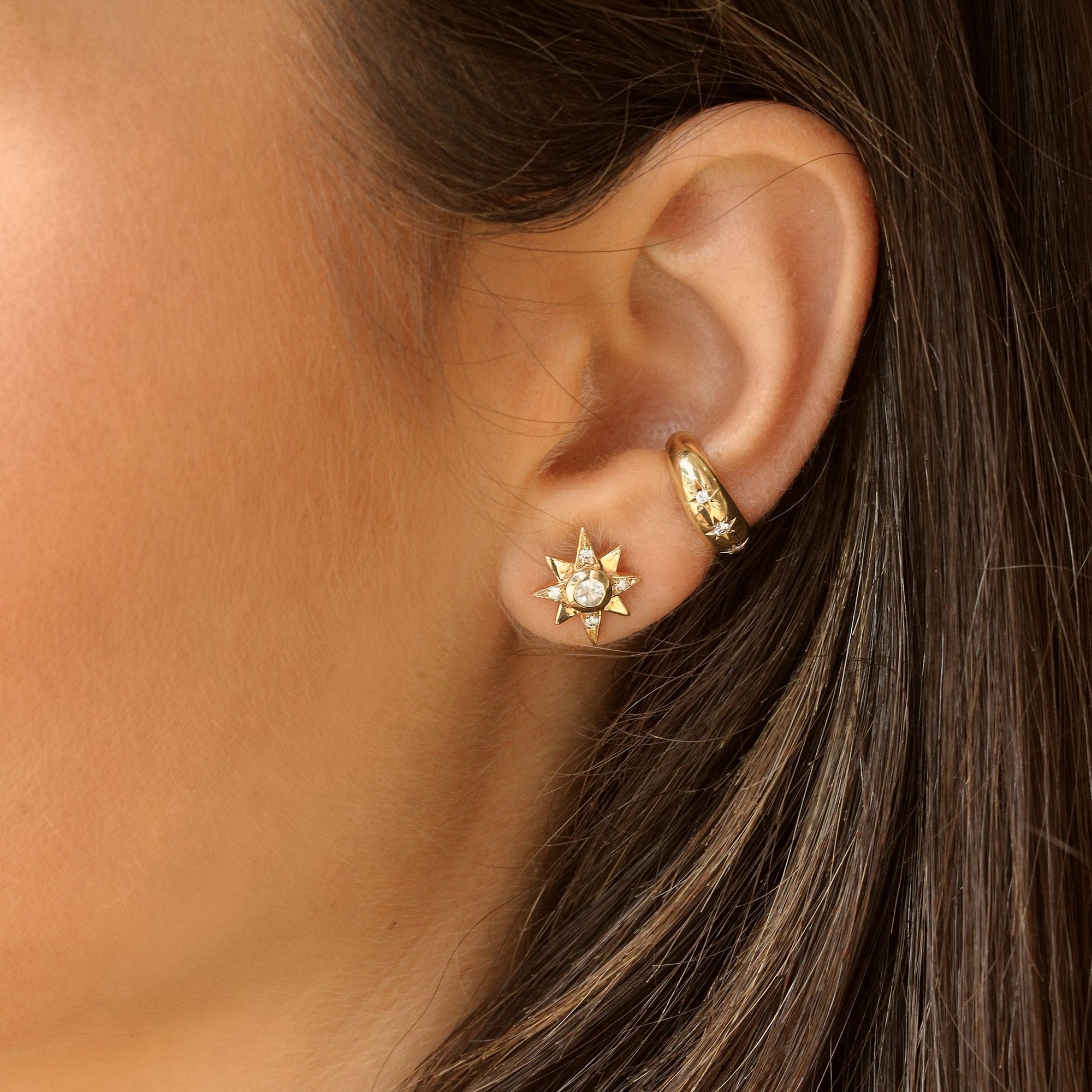 Star Set 3 Diamond Ear Cuff Yellow Gold by Logan Hollowell Jewelry