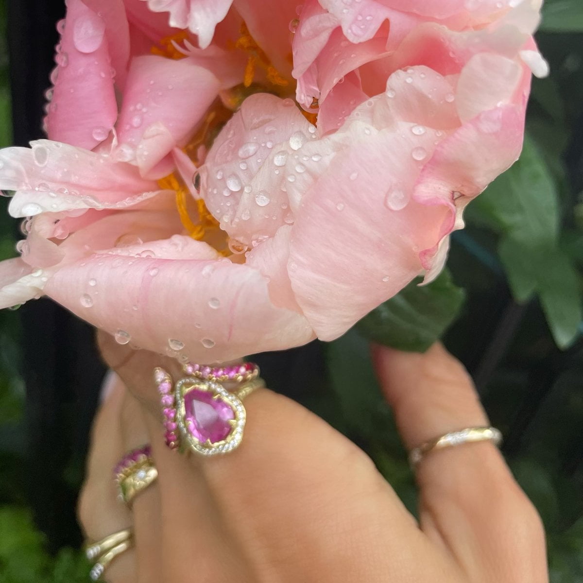 Baby Queen Water Drop Pink Sapphire Ring with Sprinkled Diamonds by Logan Hollowell Jewelry