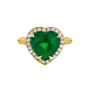 18k Premium Colombian Emerald Heart Queen Ring with Full Pavé Diamond Halo Yellow Gold 4  by Logan Hollowell Jewelry