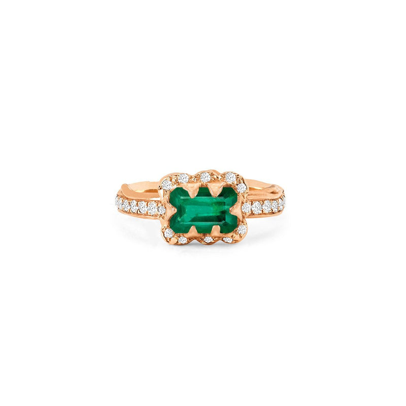 Micro Queen Emerald Cut Emerald Ring with Sprinkled Diamonds 3 Rose Gold by Logan Hollowell Jewelry