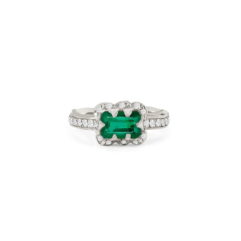 Micro Queen Emerald Cut Emerald Ring with Sprinkled Diamonds 3 White Gold by Logan Hollowell Jewelry