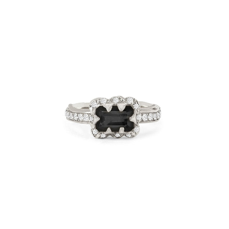 Micro Queen Emerald Cut Onyx Ring with Sprinkled Diamonds by Logan Hollowell Jewelry