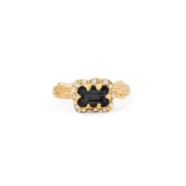 Micro Queen Emerald Cut Onyx Ring with Sprinkled Diamonds Yellow Gold Solid Band 3 by Logan Hollowell Jewelry