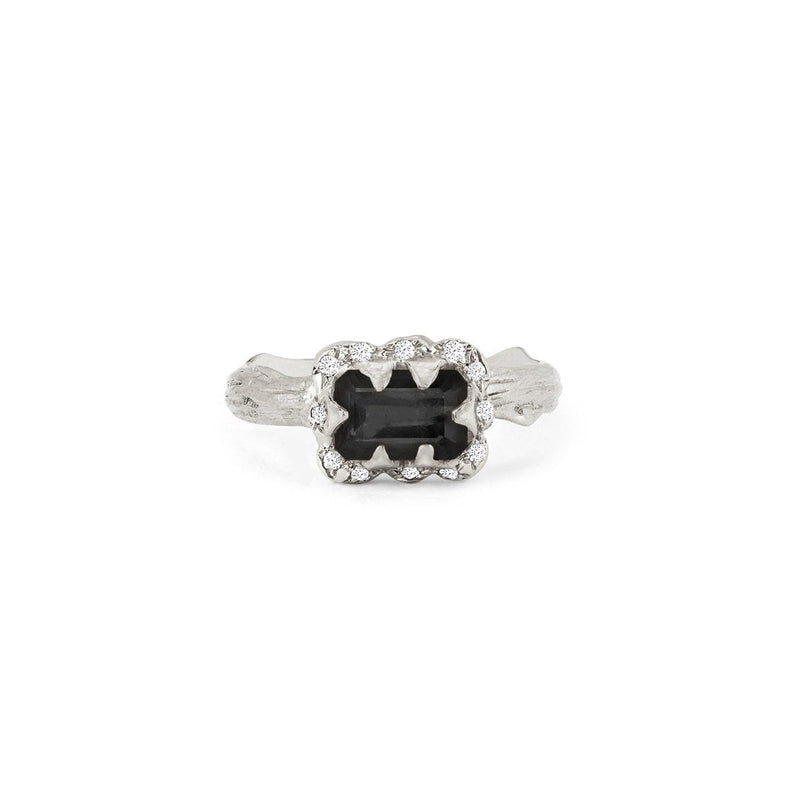 Micro Queen Emerald Cut Onyx Ring with Sprinkled Diamonds White Gold Solid Band 3 by Logan Hollowell Jewelry
