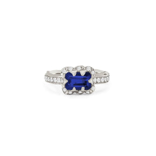 Micro Queen Emerald Cut Sapphire Rose Thorn Ring with Sprinkled Diamonds Pavé Diamond Band White Gold 4 by Logan Hollowell Jewelry