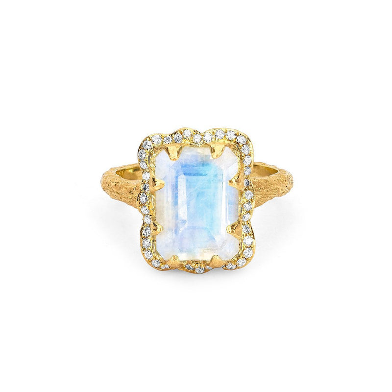 18k Queen Emerald Cut Moonstone Ring with Full Pavé Diamond Halo Yellow Gold 3 by Logan Hollowell Jewelry