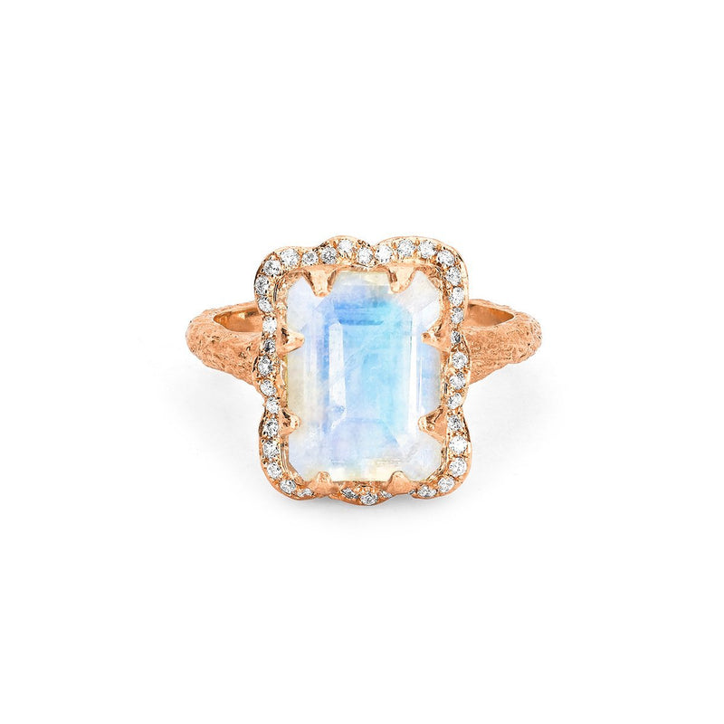 18k Queen Emerald Cut Moonstone Ring with Full Pavé Diamond Halo Rose Gold 3 by Logan Hollowell Jewelry