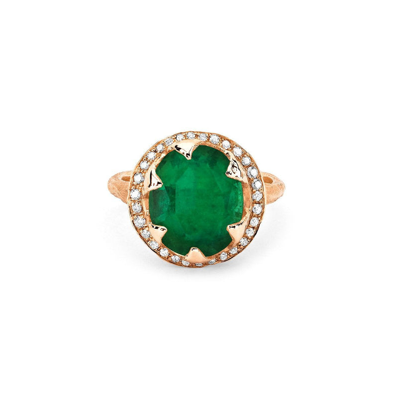 Queen Oval Colombian Emerald Ring with Full Pavé Diamond Halo Rose Gold 3 by Logan Hollowell Jewelry