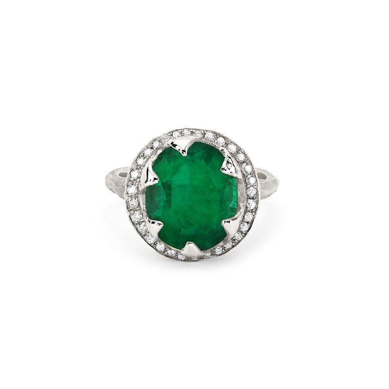 Queen Oval Colombian Emerald Ring with Full Pavé Diamond Halo White Gold 3 by Logan Hollowell Jewelry