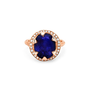 Queen Oval Sapphire Ring with Full Pavé Diamond Halo Rose Gold 5  by Logan Hollowell Jewelry