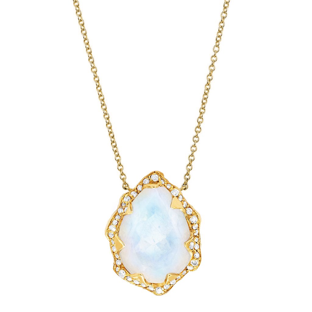 Queen Water Drop Moonstone Necklace with Full Pavé Diamond Halo Yellow Gold by Logan Hollowell Jewelry