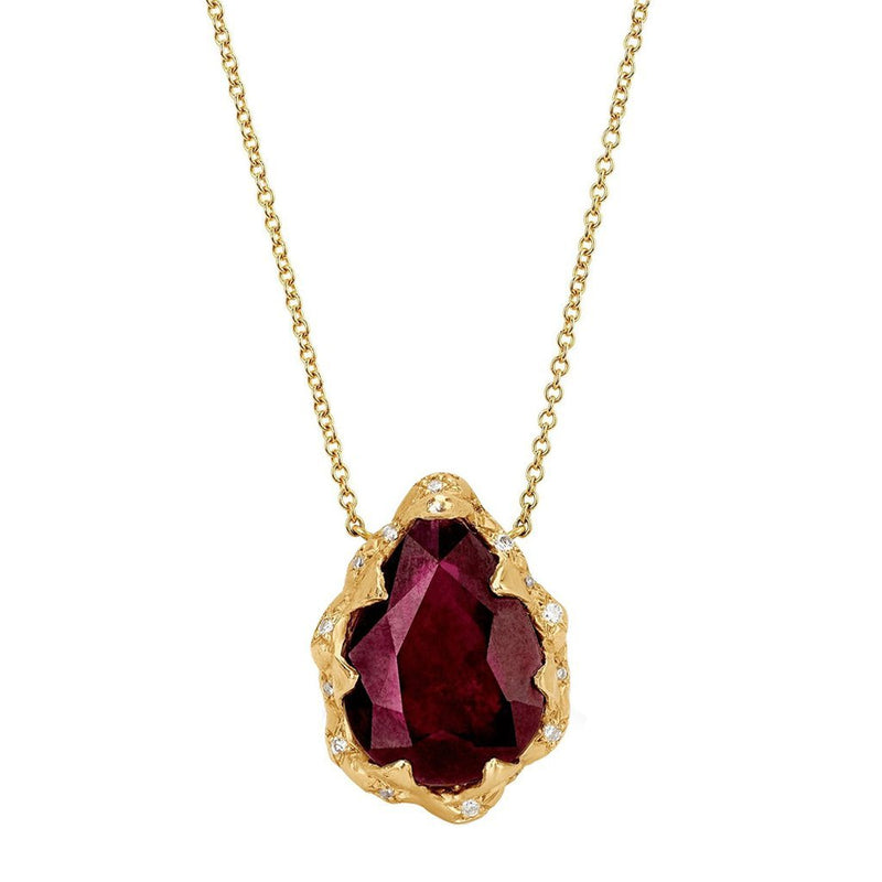 Queen Water Drop Ruby Necklace with Sprinkled Diamonds Yellow Gold by Logan Hollowell Jewelry