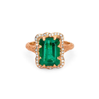 18k Queen Emerald Cut Emerald Ring with Full Pavé Diamond Halo Rose Gold 2  by Logan Hollowell Jewelry