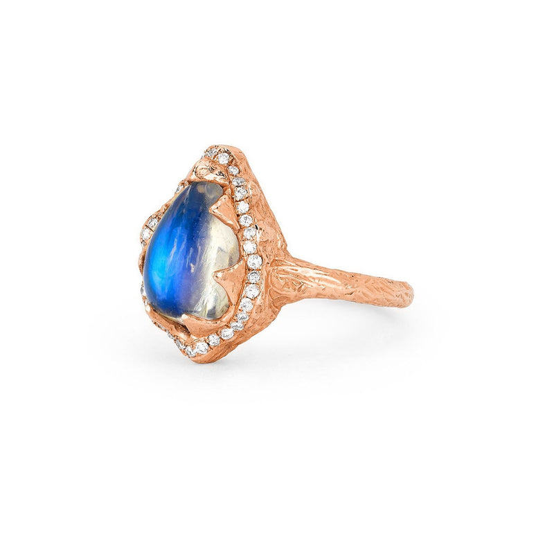 Baby Queen Water Drop Blue Sheen Moonstone Ring with Full Pavé Halo by Logan Hollowell Jewelry