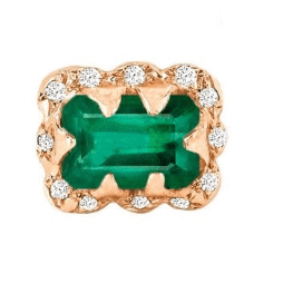 Micro Queen Emerald Cut Emerald Earrings with Sprinkled Diamonds Rose Gold Single by Logan Hollowell Jewelry