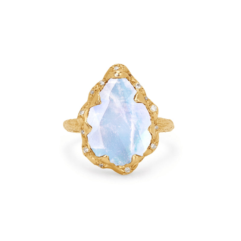 Queen Water Drop Moonstone Ring with Sprinkled Diamonds | Ready to Ship Yellow Gold 6 by Logan Hollowell Jewelry