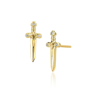 Dagger Studs with Diamonds Yellow Gold Pair  by Logan Hollowell Jewelry