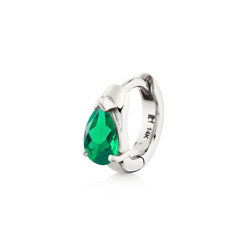 Water Drop Emerald Pear Huggies White Gold Single by Logan Hollowell Jewelry