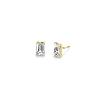 Diamond Emerald Cut Prong Stud Yellow Gold Pair  by Logan Hollowell Jewelry
