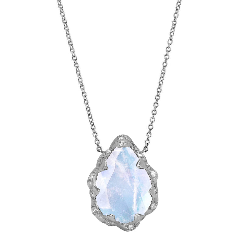 Queen Water Drop Moonstone Necklace with Sprinkled Diamonds White Gold by Logan Hollowell Jewelry