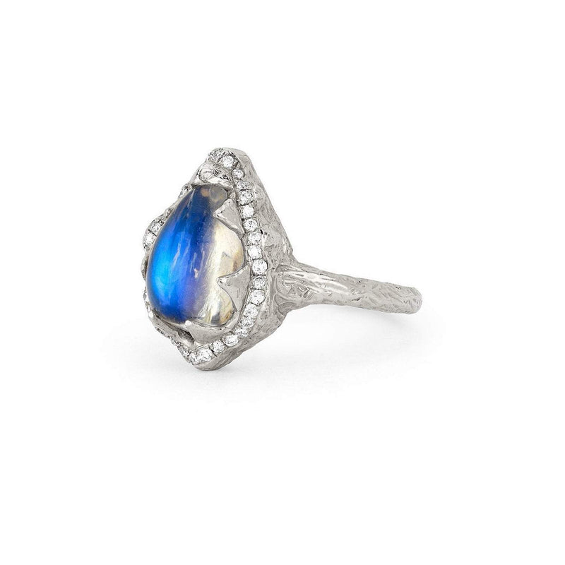 Baby Queen Water Drop Blue Sheen Moonstone Ring with Full Pavé Halo by Logan Hollowell Jewelry