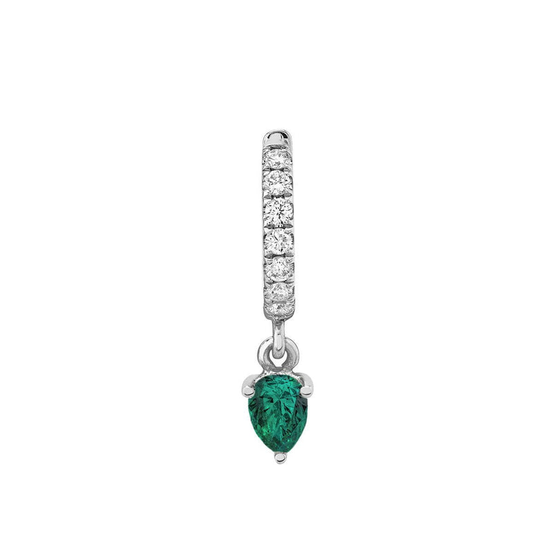 Emerald Water Drop Goddess Hoops White Gold Single by Logan Hollowell Jewelry