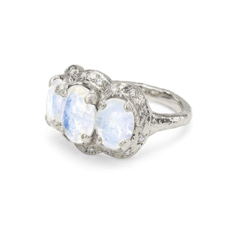 Queen Triple Goddess Moonstone Ring with Sprinkled Diamonds by Logan Hollowell Jewelry