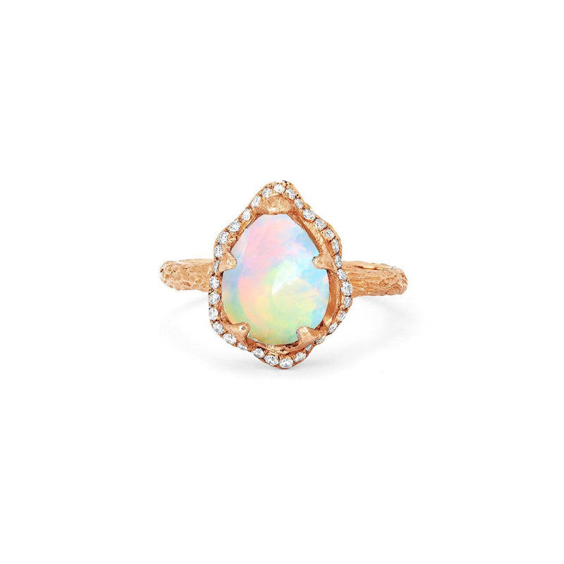 Baby Queen Water Drop White Opal Ring with Full Pavé Diamond Halo Rose Gold 3 by Logan Hollowell Jewelry