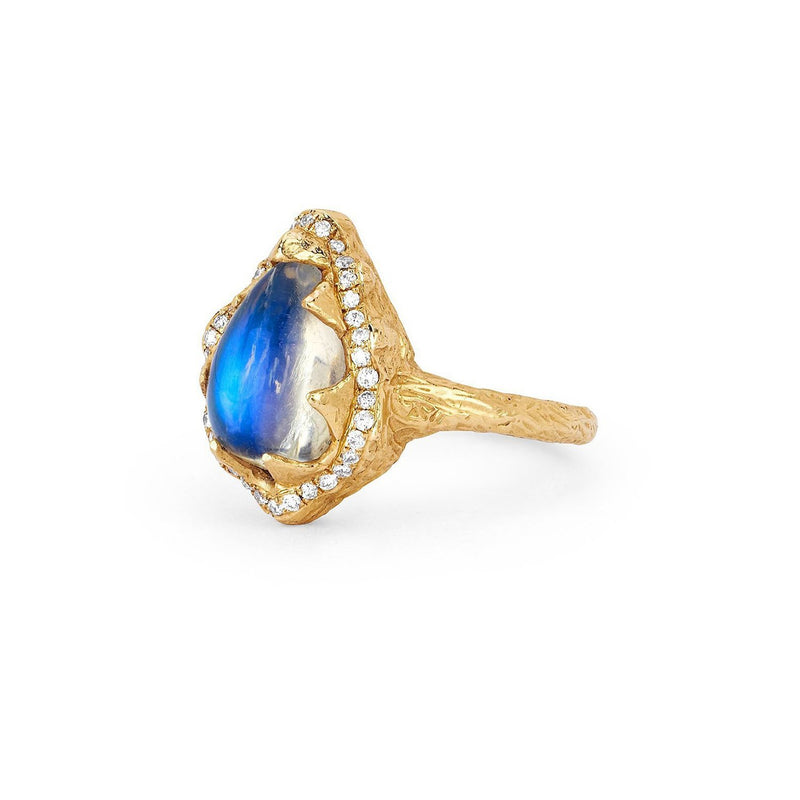 Baby Queen Water Drop Blue Sheen Moonstone Ring with Full Pavé Halo by Logan Hollowell Jewelry
