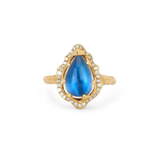 Baby Queen Water Drop Blue Sheen Moonstone Ring with Full Pavé Halo Yellow Gold 4  by Logan Hollowell Jewelry