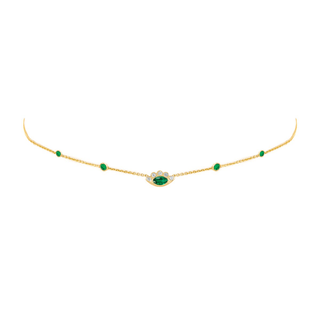 5 Emerald Orbit Bezel Choker with Angel Eye Emerald Center 14-15-16" Yellow Gold  by Logan Hollowell Jewelry