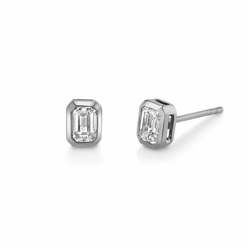 Mini Emerald Cut Diamond Studs White Gold Pair by Logan Hollowell Jewelry