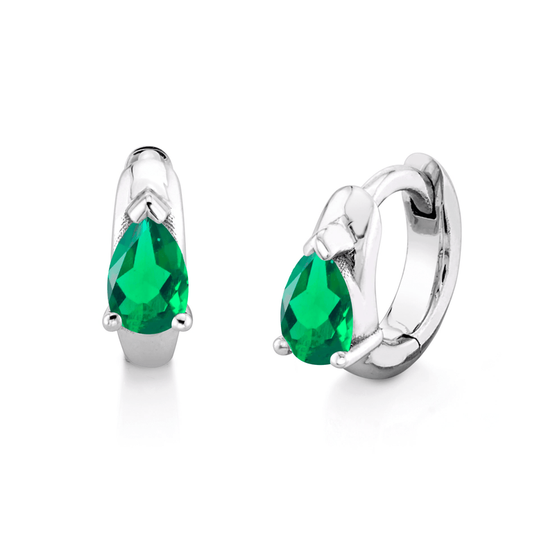 Petite Water Drop Emerald Pear Huggies White Gold Pair by Logan Hollowell Jewelry