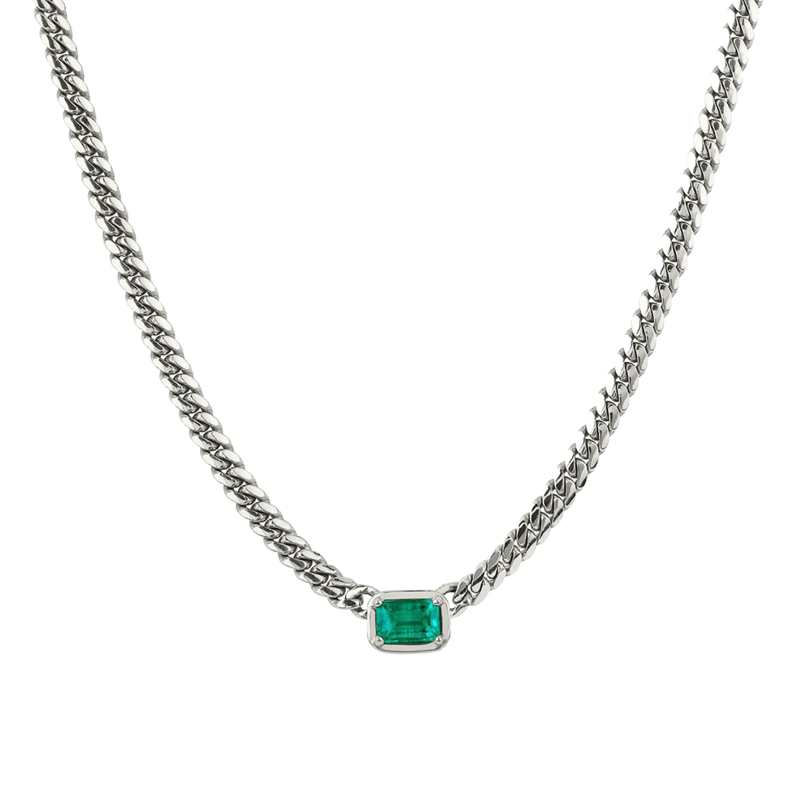 Emerald Cut Emerald Cuban Choker White Gold 14" by Logan Hollowell Jewelry