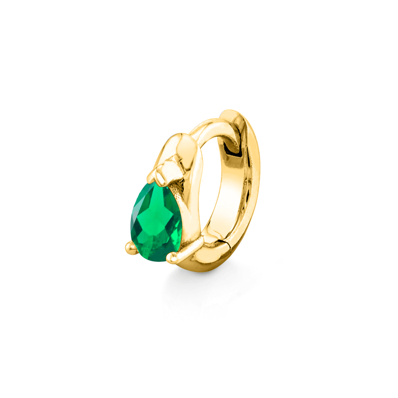 Petite Water Drop Emerald Pear Huggies Yellow Gold Single by Logan Hollowell Jewelry