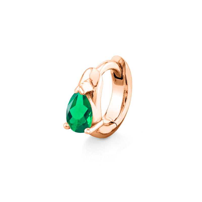 Petite Water Drop Emerald Pear Huggies Rose Gold Single by Logan Hollowell Jewelry