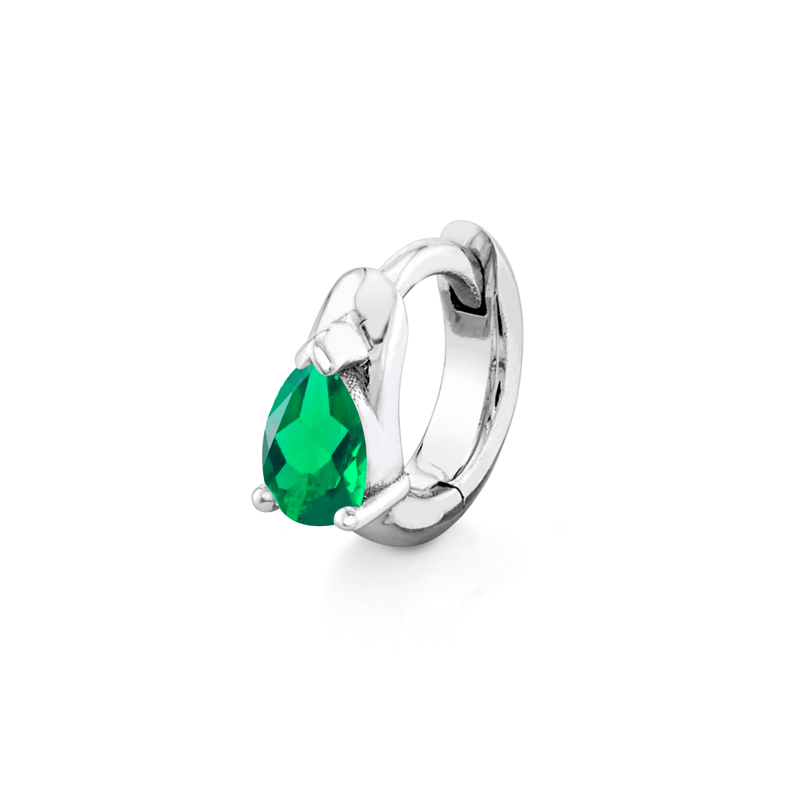 Petite Water Drop Emerald Pear Huggies White Gold Single by Logan Hollowell Jewelry
